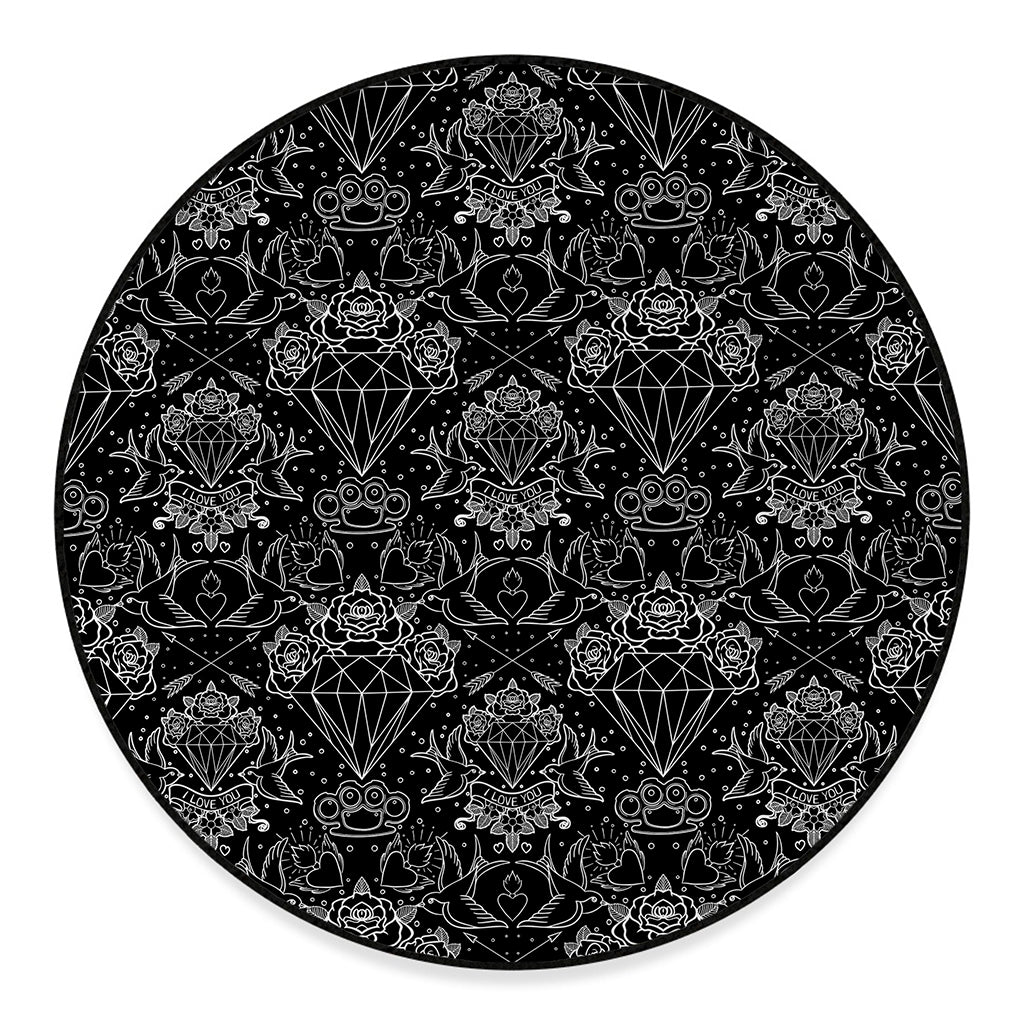 Black And White Tattoo Print Round Floor Mat