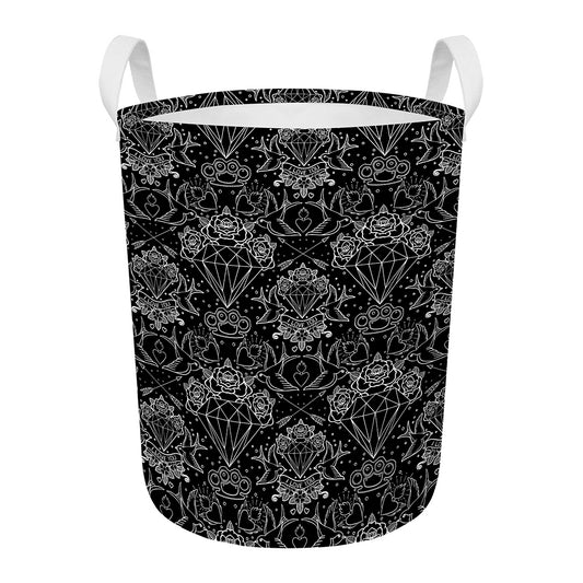 Black And White Tattoo Print Round Laundry Basket