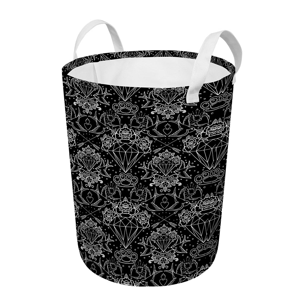 Black And White Tattoo Print Round Laundry Basket