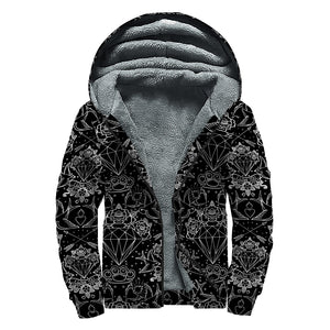 Black And White Tattoo Print Sherpa Lined Zip Up Hoodie