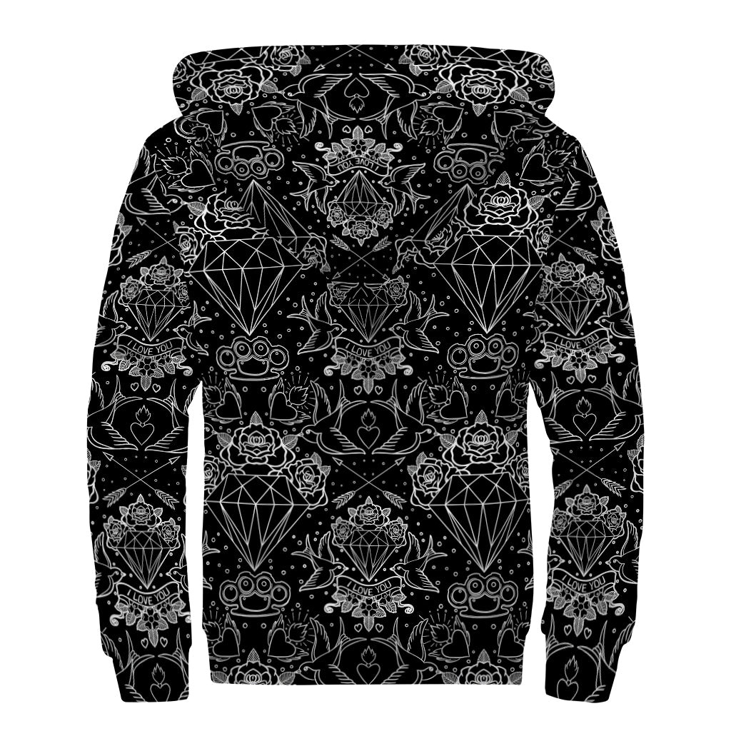 Black And White Tattoo Print Sherpa Lined Zip Up Hoodie