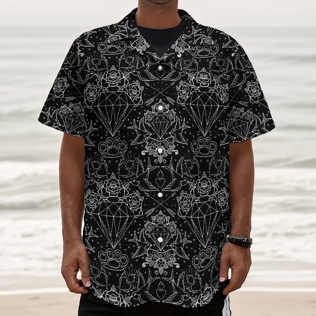 Black And White Tattoo Print Textured Short Sleeve Shirt