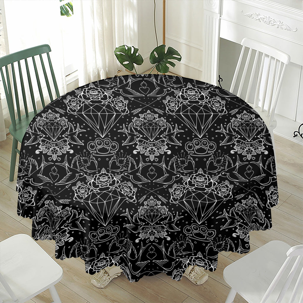 Black And White Tattoo Print Waterproof Round Tablecloth