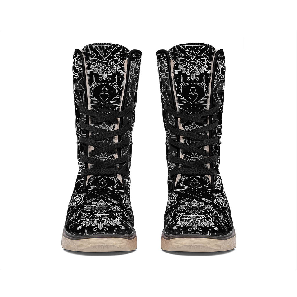 Black And White Tattoo Print Winter Boots