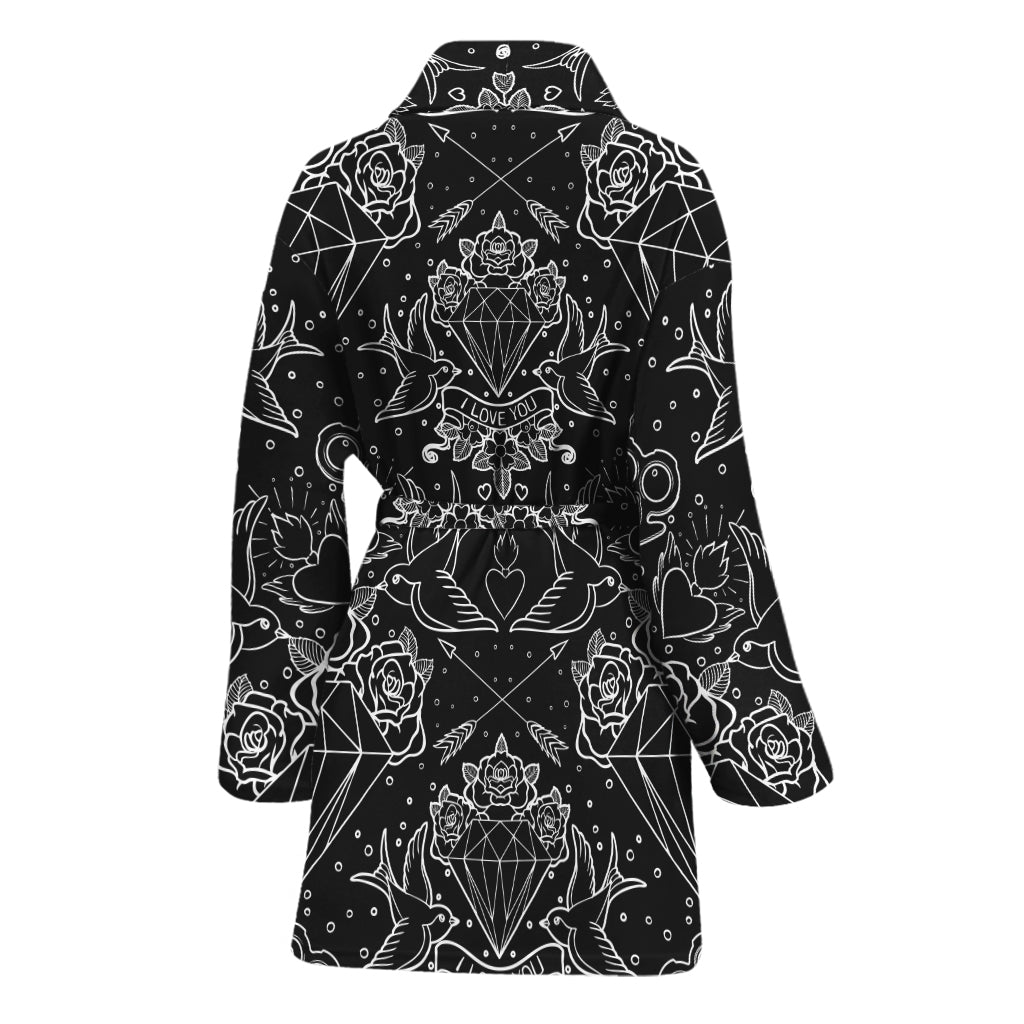 Black And White Tattoo Print Women's Bathrobe