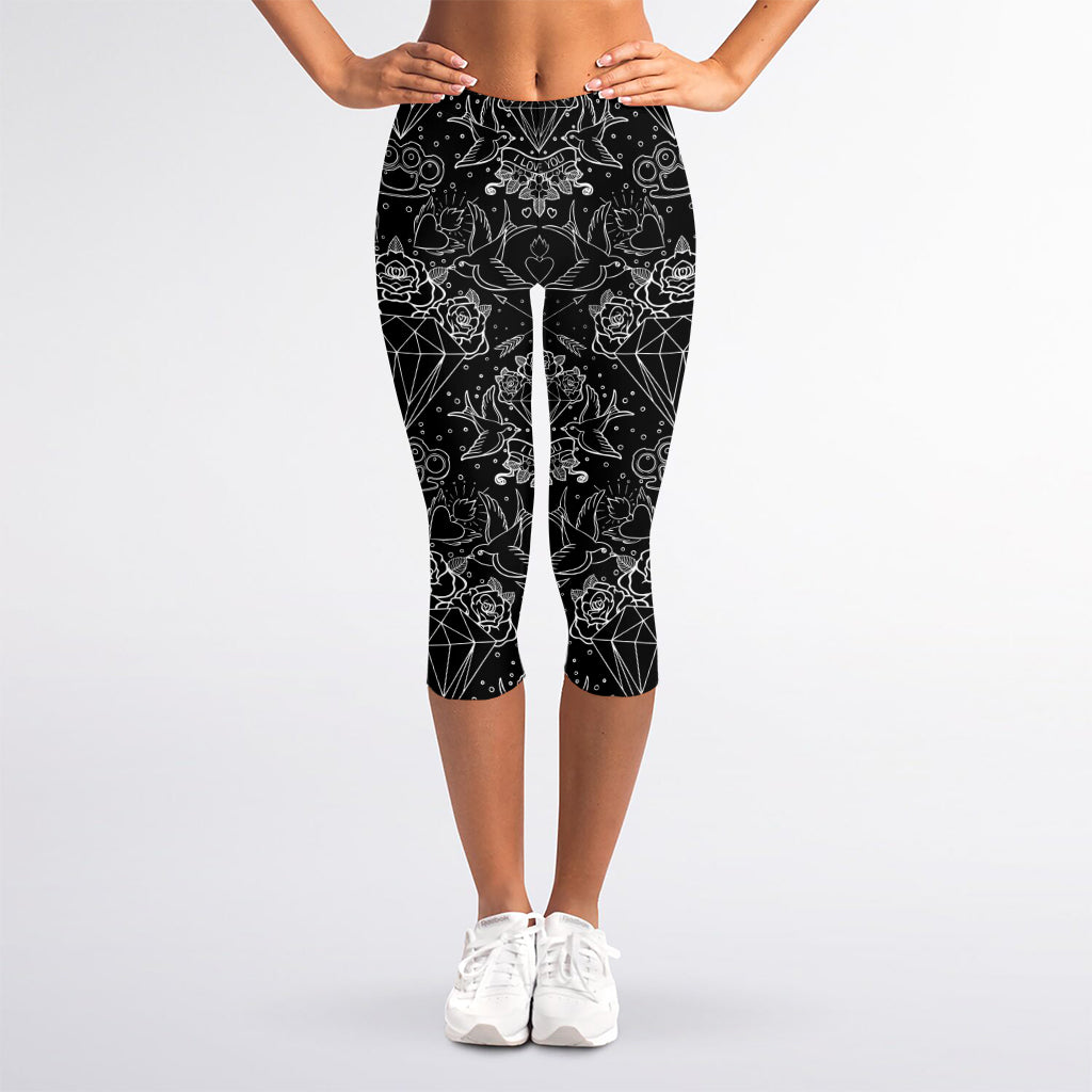 Black And White Tattoo Print Women's Capri Leggings