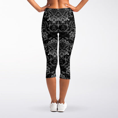 Black And White Tattoo Print Women's Capri Leggings
