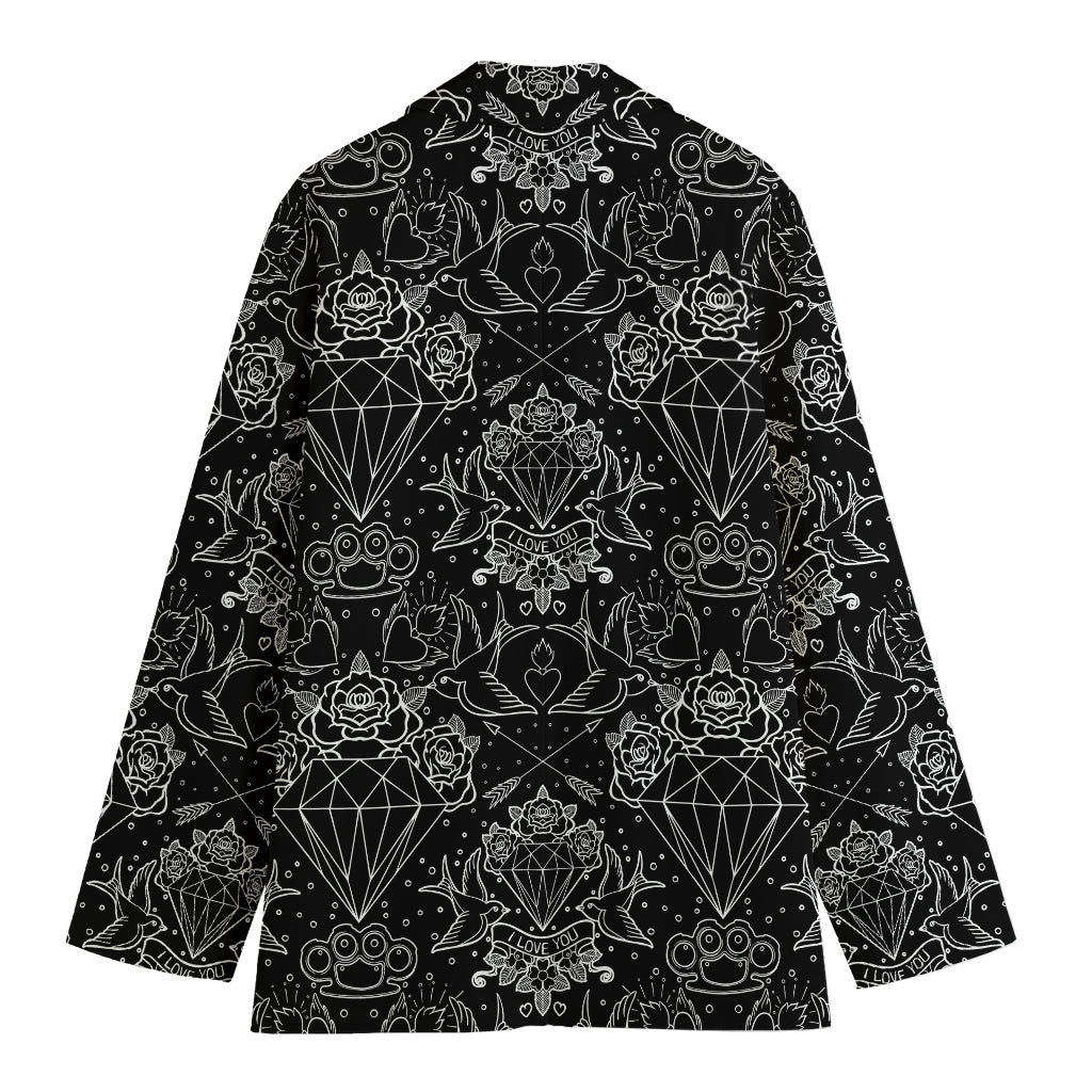 Black And White Tattoo Print Women's Cotton Blazer