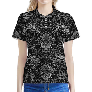 Black And White Tattoo Print Women's Polo Shirt