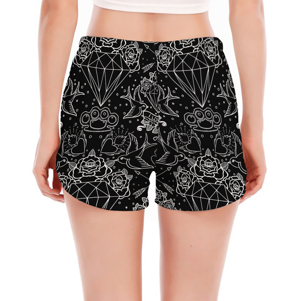 Black And White Tattoo Print Women's Split Running Shorts