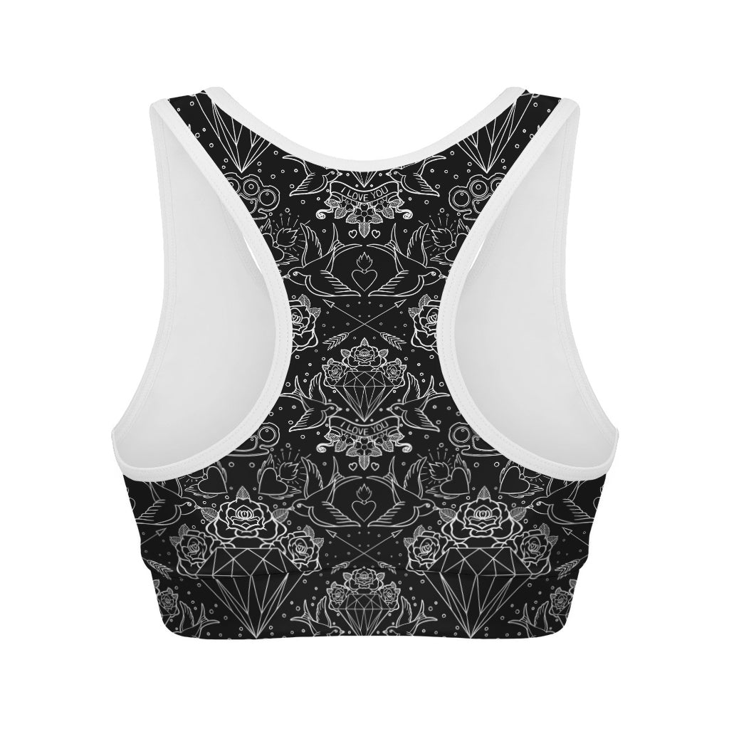 Black And White Tattoo Print Women's Sports Bra