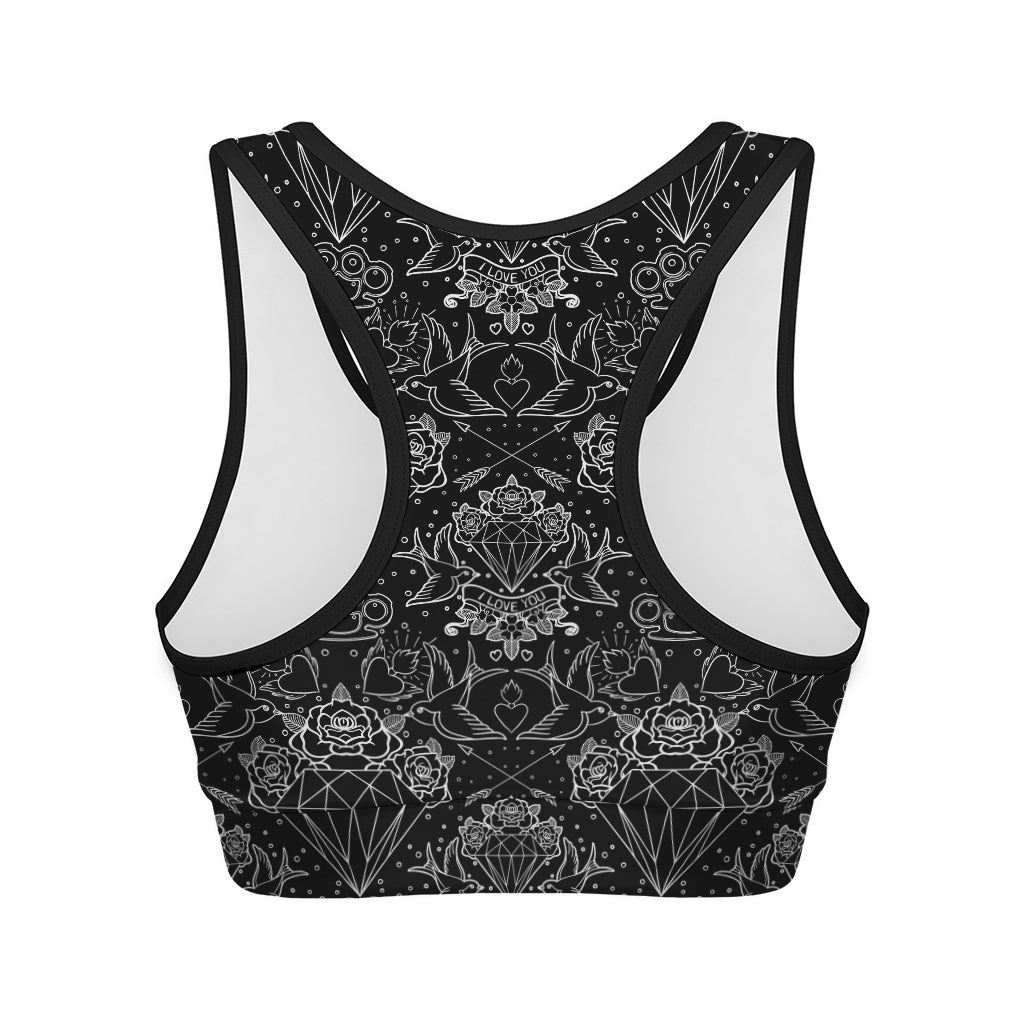 Black And White Tattoo Print Women's Sports Bra