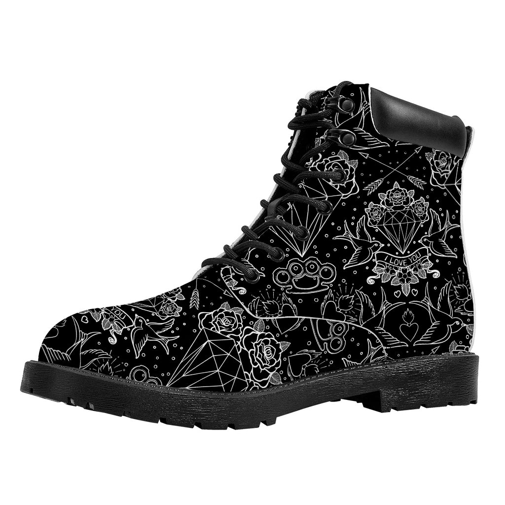 Black And White Tattoo Print Work Boots