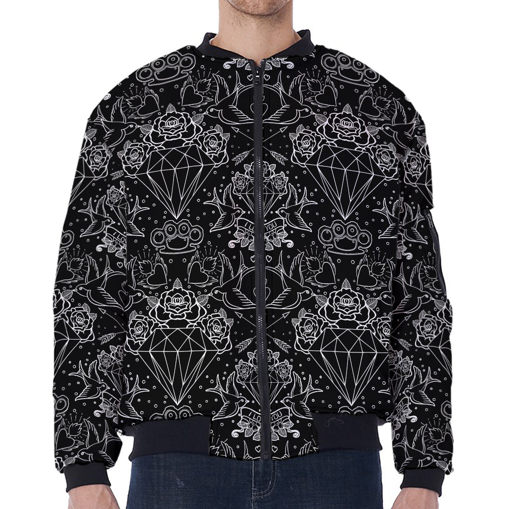 Black And White Tattoo Print Zip Sleeve Bomber Jacket