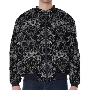 Black And White Tattoo Print Zip Sleeve Bomber Jacket