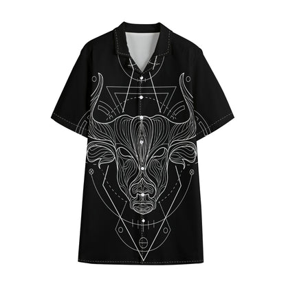 Black And White Taurus Sign Print Cotton Hawaiian Shirt
