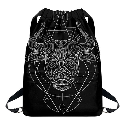 Black And White Taurus Sign Print Drawstring Backpack