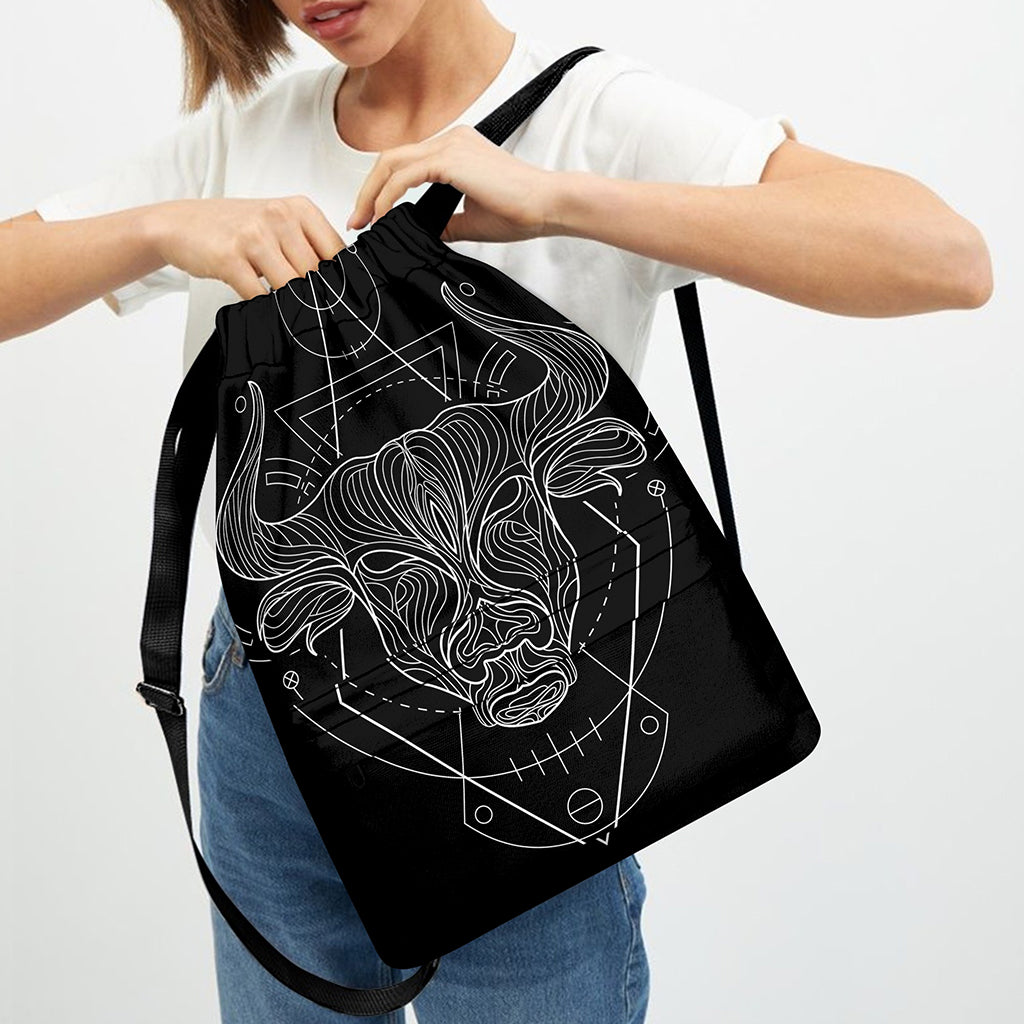 Black And White Taurus Sign Print Drawstring Backpack