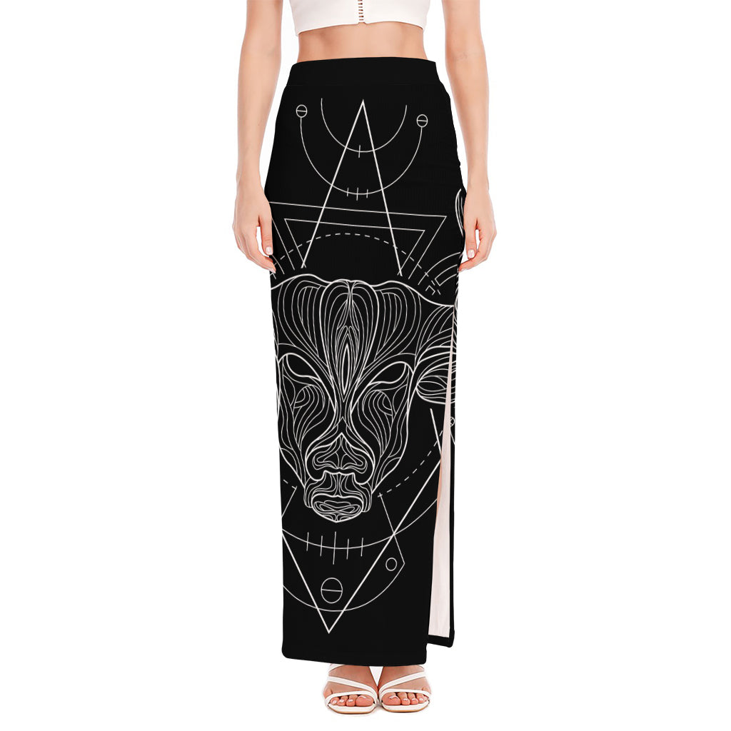 Black And White Taurus Sign Print High Slit Maxi Skirt