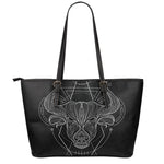 Black And White Taurus Sign Print Leather Tote Bag