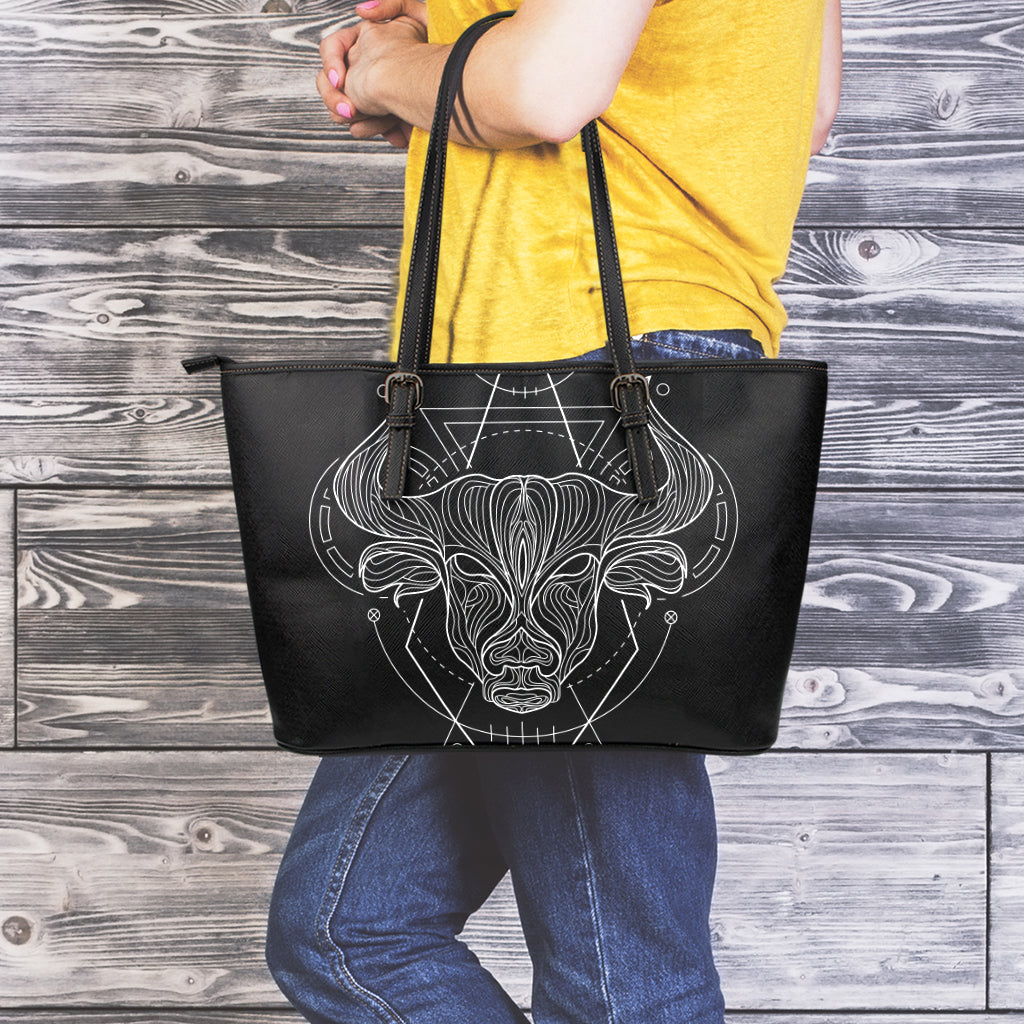 Black And White Taurus Sign Print Leather Tote Bag