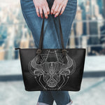 Black And White Taurus Sign Print Leather Tote Bag