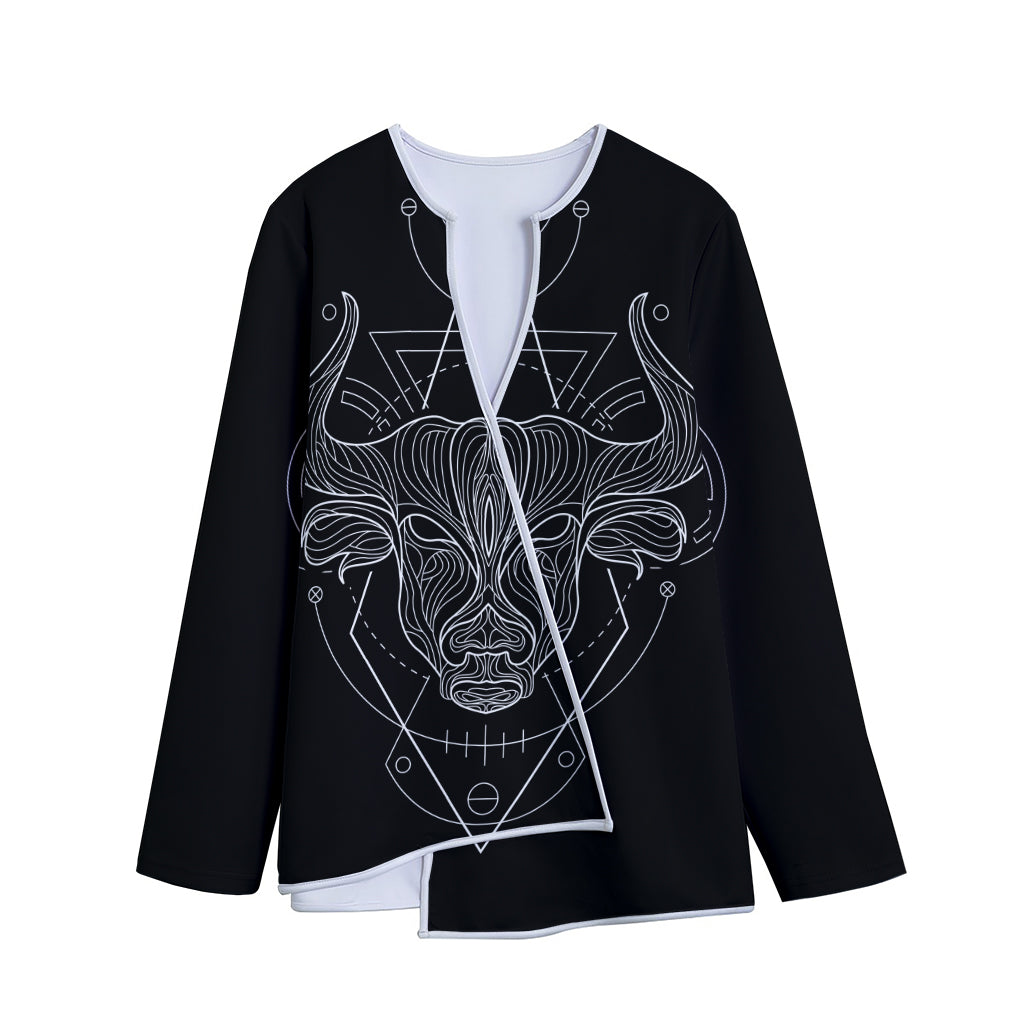 Black And White Taurus Sign Print Long Sleeve Short Coat