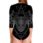 Black And White Taurus Sign Print Long Sleeve Swimsuit