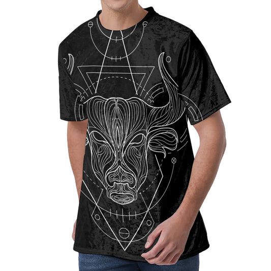 Black And White Taurus Sign Print Men's Velvet T-Shirt