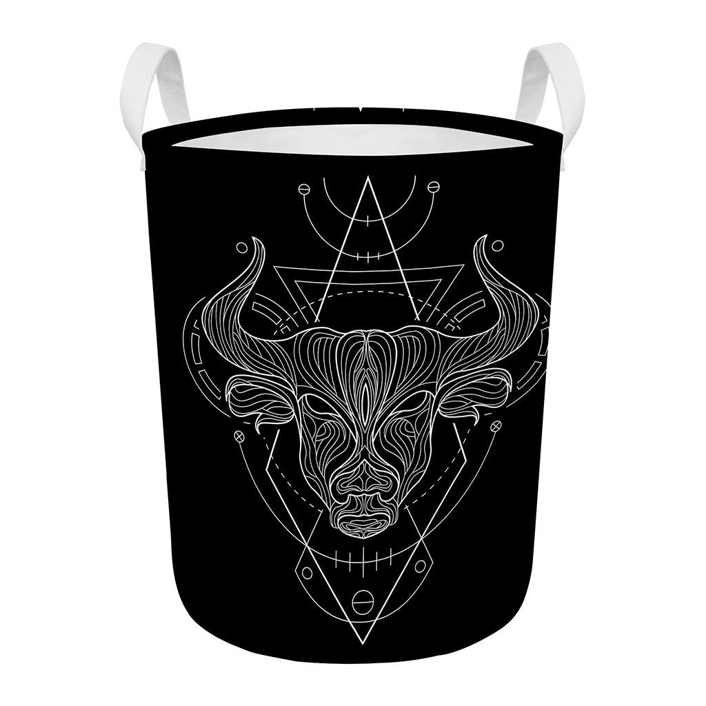 Black And White Taurus Sign Print Round Laundry Basket