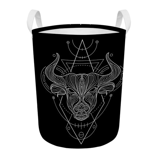 Black And White Taurus Sign Print Round Laundry Basket