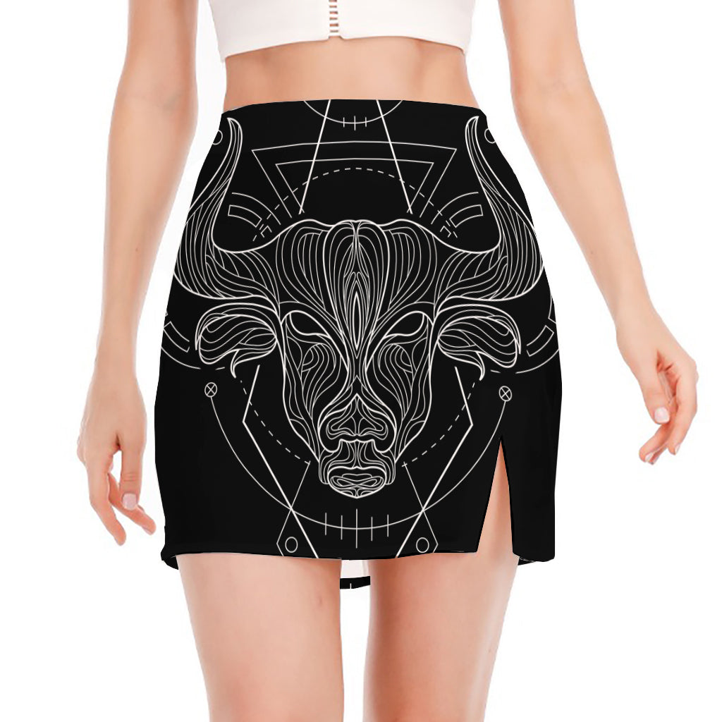 Black And White Taurus Sign Print Side Slit Mini Skirt