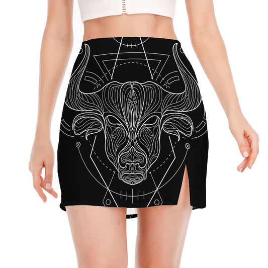 Black And White Taurus Sign Print Side Slit Mini Skirt