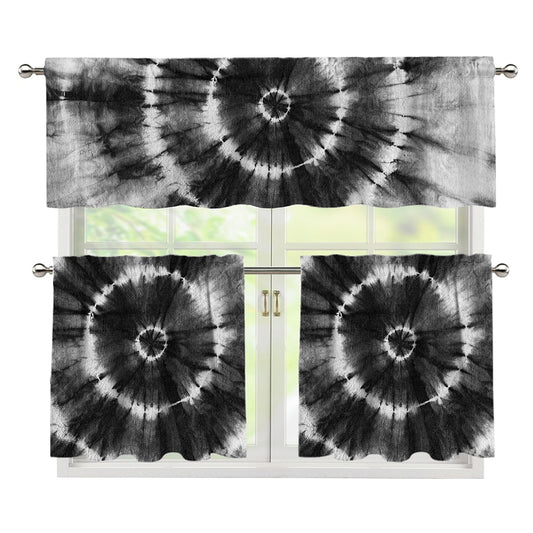 Black And White Tie Dye Print 3 Piece Kitchen Curtains