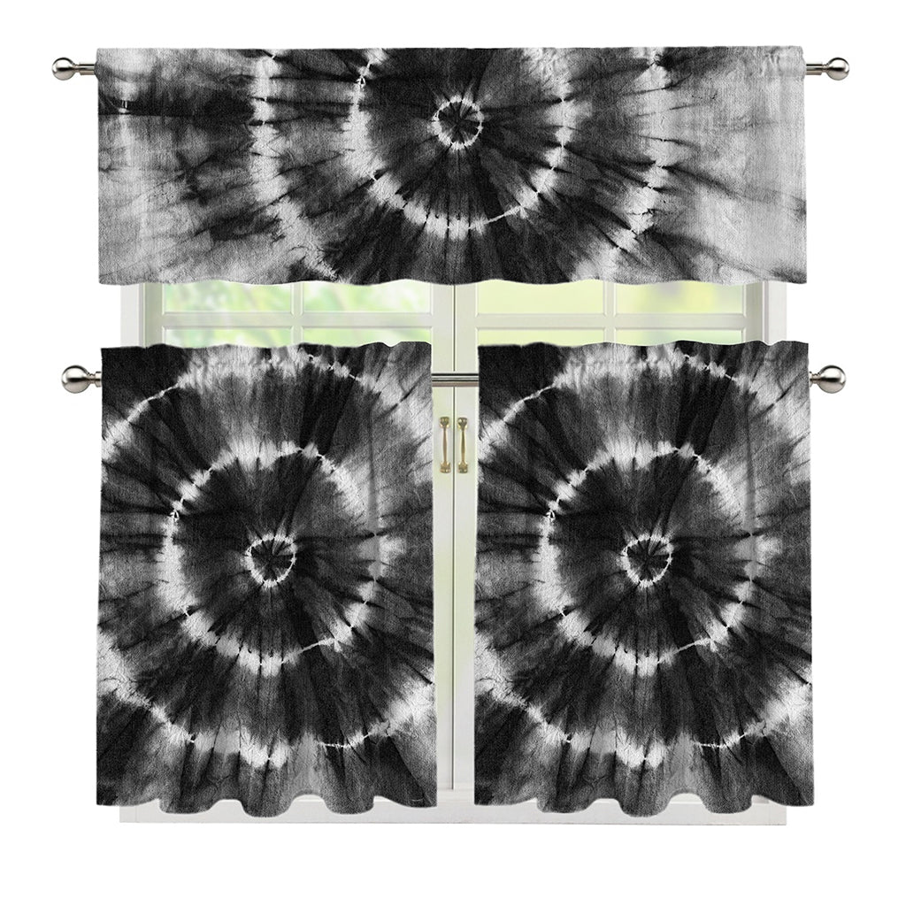 Black And White Tie Dye Print 3 Piece Kitchen Curtains