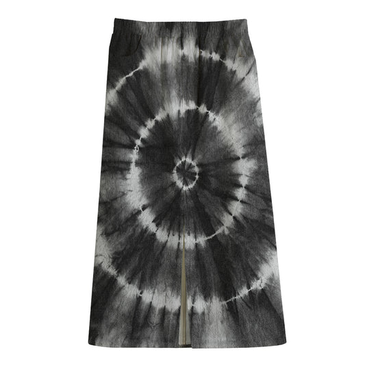 Black And White Tie Dye Print Cotton Front Slit Maxi Skirt