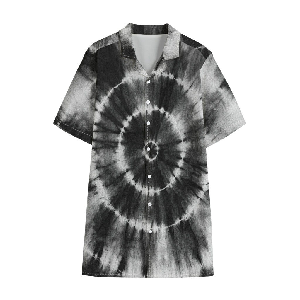 Black And White Tie Dye Print Cotton Hawaiian Shirt
