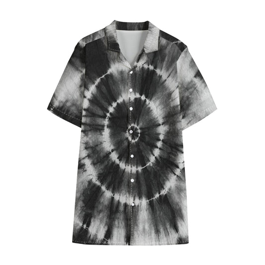 Black And White Tie Dye Print Cotton Hawaiian Shirt