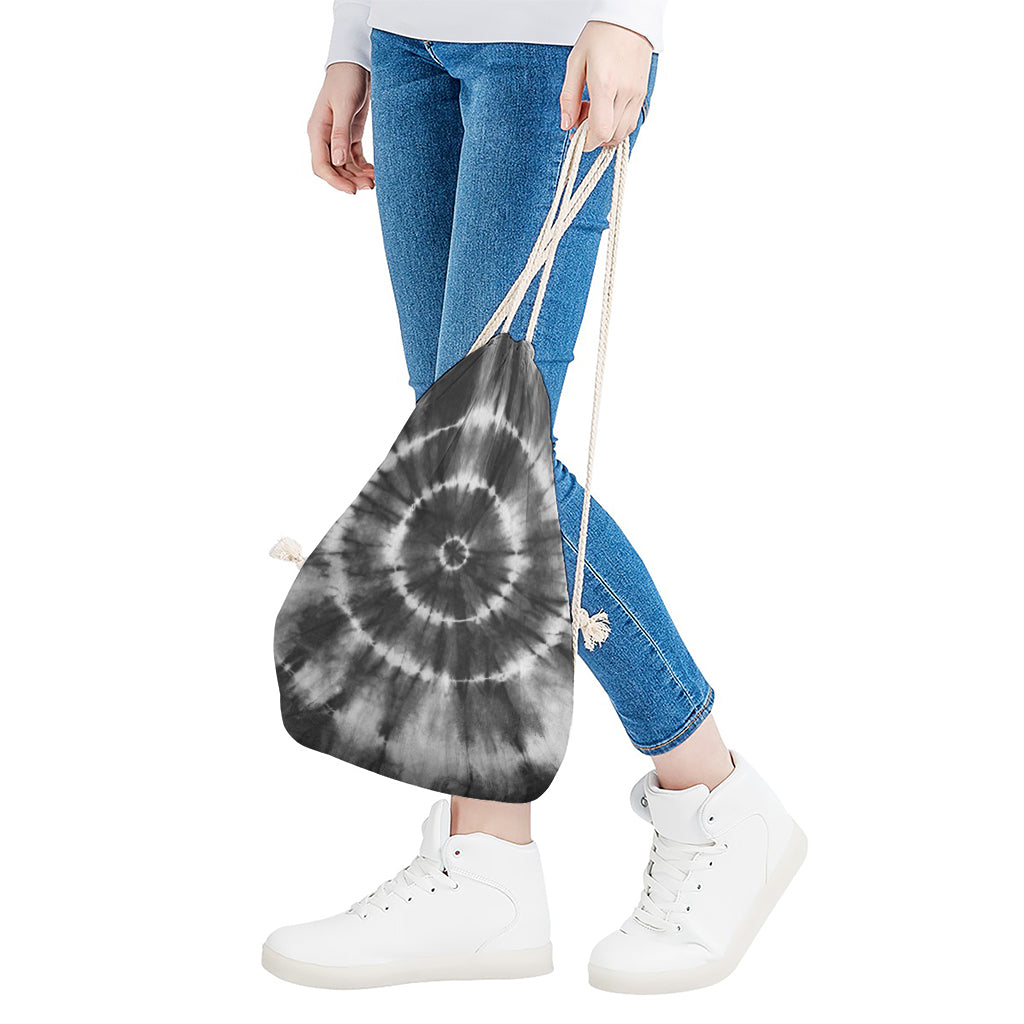 Black And White Tie Dye Print Drawstring Bag