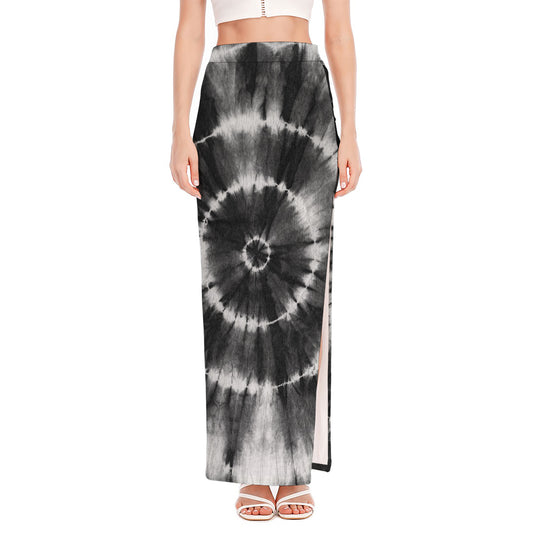 Black And White Tie Dye Print High Slit Maxi Skirt