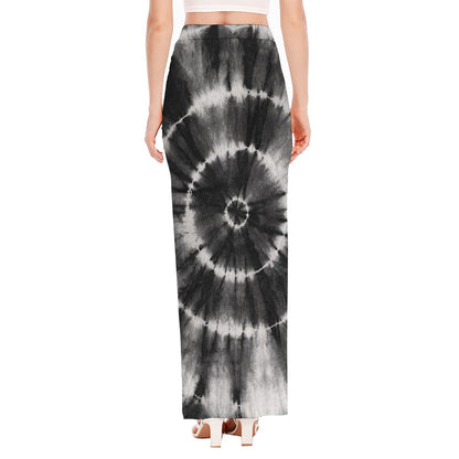 Black And White Tie Dye Print High Slit Maxi Skirt