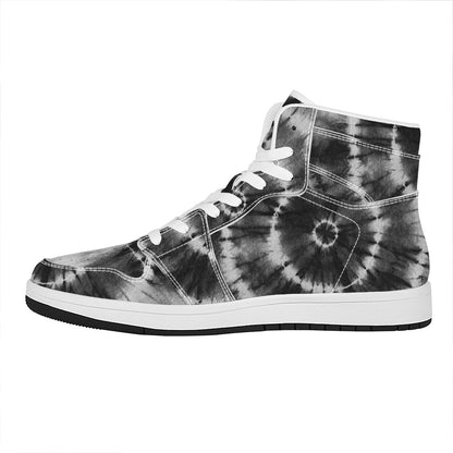 Black And White Tie Dye Print High Top Leather Sneakers