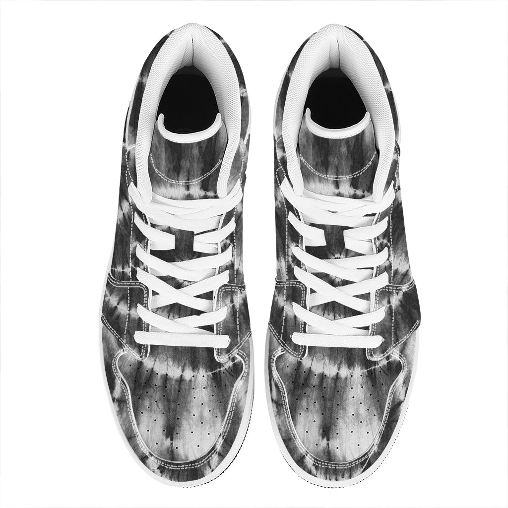 Black And White Tie Dye Print High Top Leather Sneakers