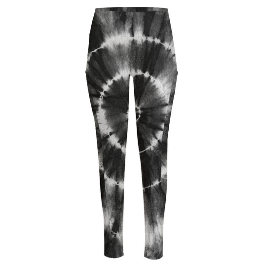 Black And White Tie Dye Print High-Waisted Pocket Leggings