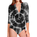 Black And White Tie Dye Print Long Sleeve Swimsuit