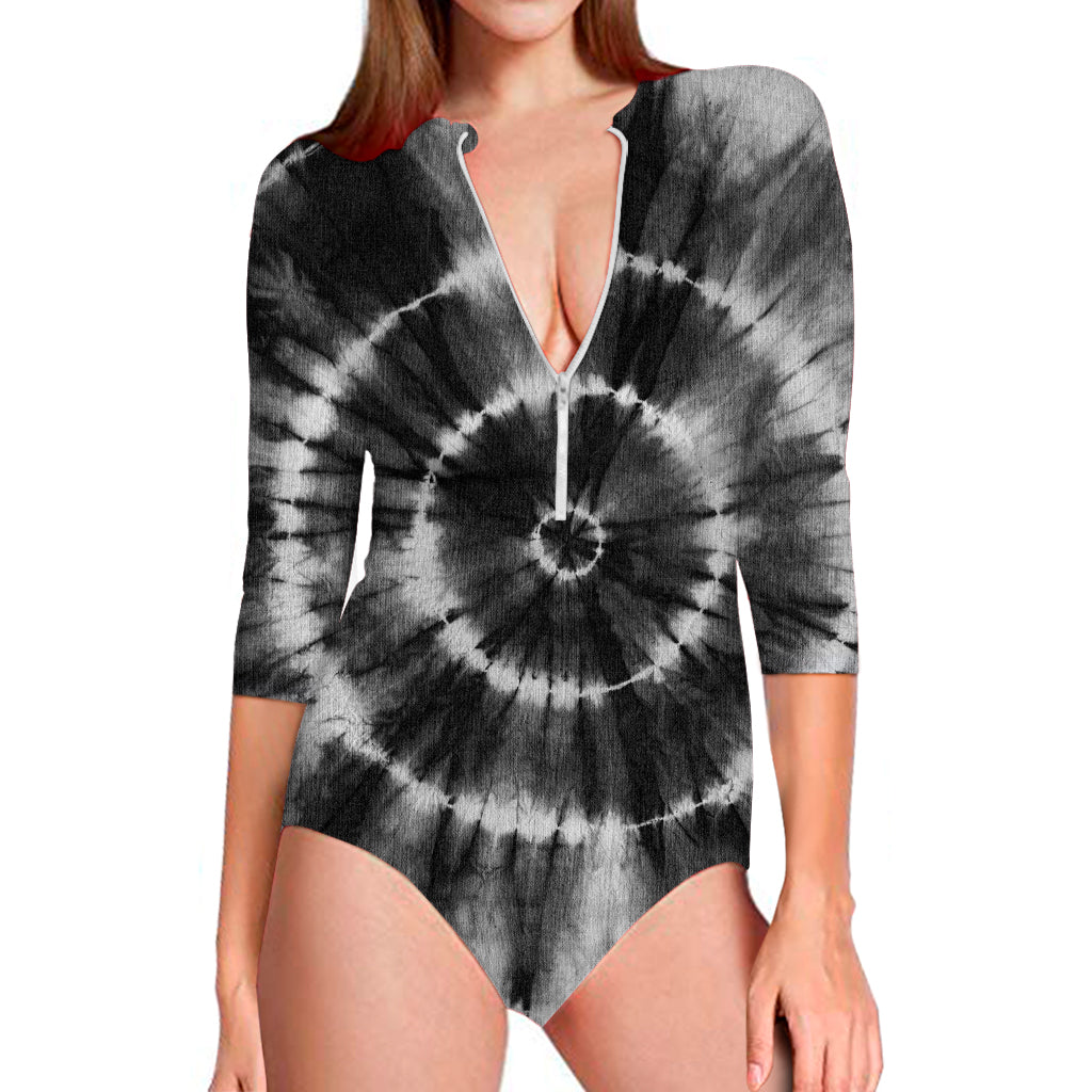 Black And White Tie Dye Print Long Sleeve Swimsuit
