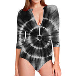 Black And White Tie Dye Print Long Sleeve Swimsuit