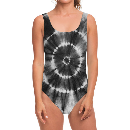Black And White Tie Dye Print One Piece Swimsuit