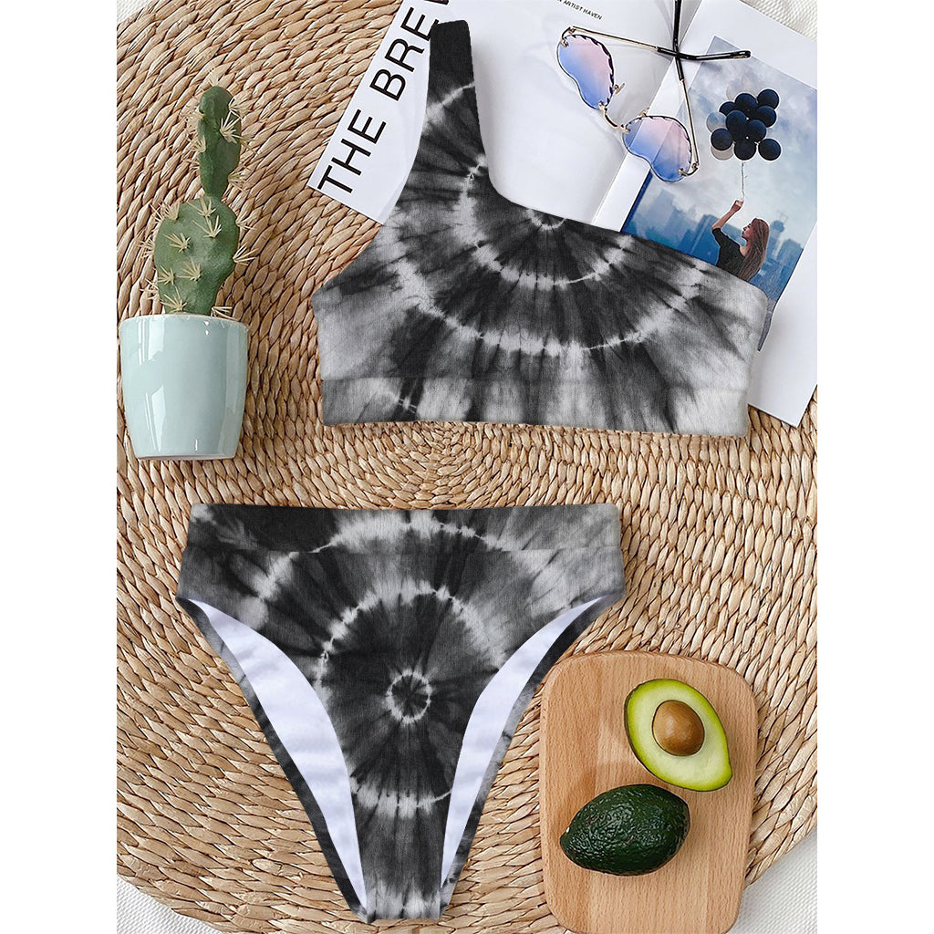 Black And White Tie Dye Print One Shoulder Bikini Top