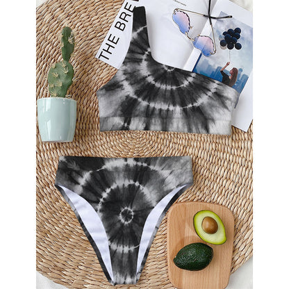 Black And White Tie Dye Print One Shoulder Bikini Top